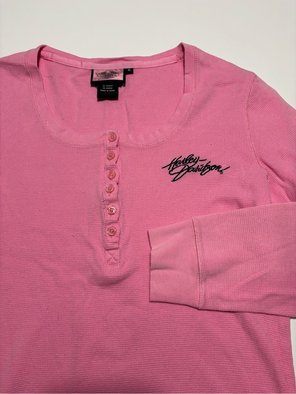 Harley Davidson Pink & Black Cotton Waffle Knit Thermal Long Sleeve Henley Tee